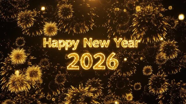 4K video of Happy New Year 2026 celebration with fireworks