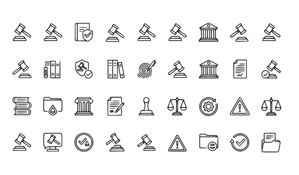 Court gavel line icon collection with legal process judiciary and law enforcement symbols vector set