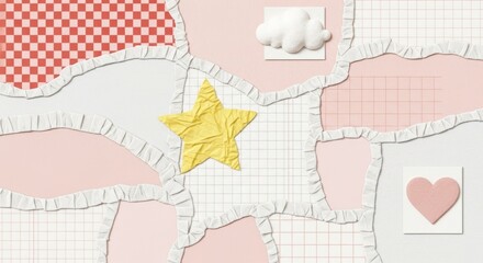 Playful pastel collage background with star, cloud, and heart shapes