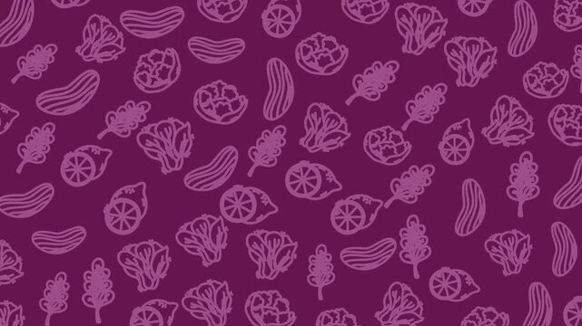 Seamless hand drawn purple vegetable pattern in line art style ideal for food packaging textile wallpaper and branding applications.