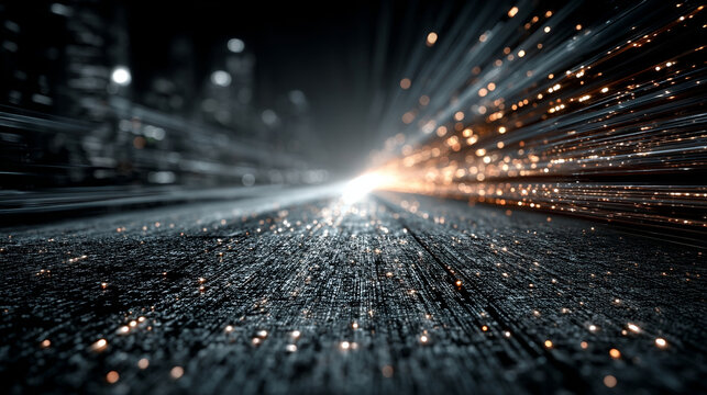 Digital data stream flowing in perspective with glowing particles and light streaks creating futuristic and dynamic technology background