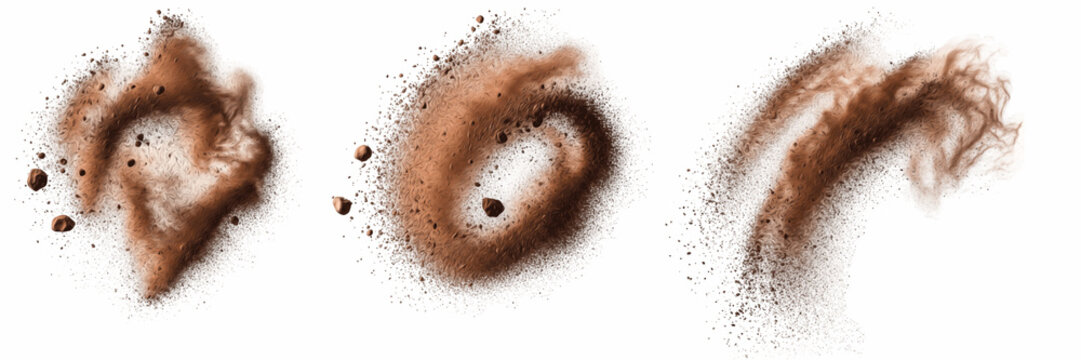 Cocoa Powder Splashes Set, Realistic Brown Coffee Dust Clouds Isolated on Transparent PNG