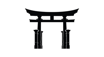 A striking black torii gate stands prominently against a white background showcasing traditional japanese architecture silhouette high quality © jivect02