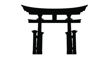 A striking black silhouette of a traditional japanese torii gate stands prominently against a white background silhouette © jivect02