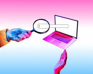 Bright surreal digital artwork of a hands holding a laptop and magnifying glass on a neon gradient background.