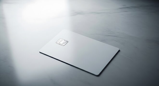 A sleek white credit card with a silver logo on a marble surface