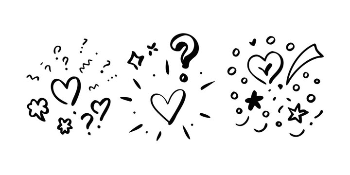 A whimsical illustration featuring hearts, question marks, and stars. Vector