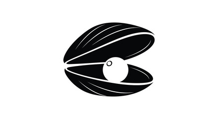 A striking black silhouette depicts an open seashell containing a luminous pearl showcasing elegant marine life silhouette © jivect02