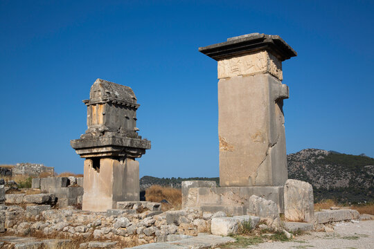 Lycian Pillar Tomb (left) & Harpy Monument, Xanthos Archaeological Site, Originally Founded 8th Century BC, UNESCO World Heritage Site, Near Kalkan, Antalya, Turkey