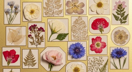 Pressed dried flowers and leaves arrangement on golden background