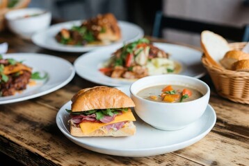 Culinary Collection: A delectable spread of appetizing dishes, featuring a sandwich, a warm bowl of soup, and artistically arranged plates.