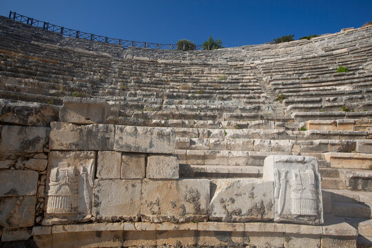 Stucco Reliefs, Greek Theater, Founded 3rd century BC, Patara Ancient City (origins back to 5, 500 BC), Patara National Park, Antalya, Turkey