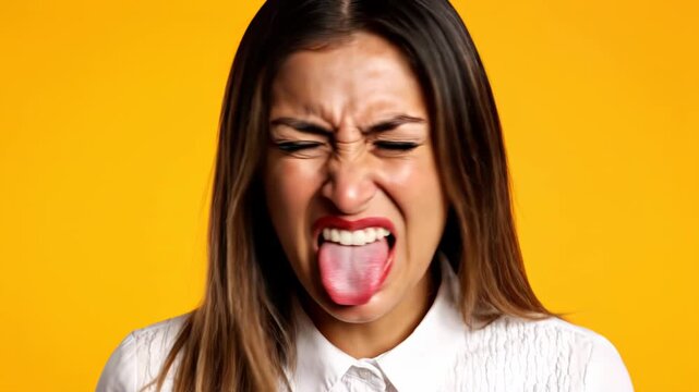 Angry young woman making funny face on yellow background