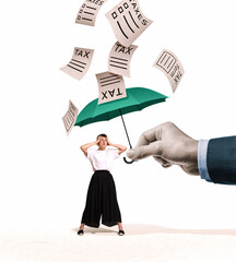 Conceptual collage of woman protected by umbrella from falling tax forms. Symbol of financial security, insurance, tax burden, government pressure and economic protection strategy.
