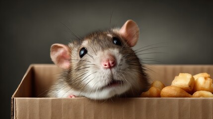 Obraz premium A rat is looking at a box of food. The rat is in a cardboard box and the food is in a plastic container