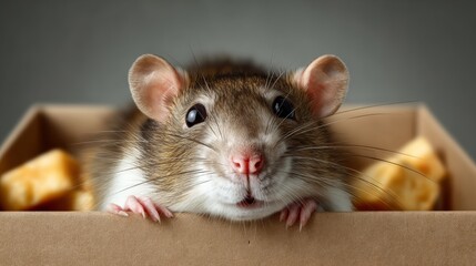 Fototapeta premium A small brown and white rodent is looking at the camera with its mouth open. The rodent is in a cardboard box with a few pieces of bread scattered around it