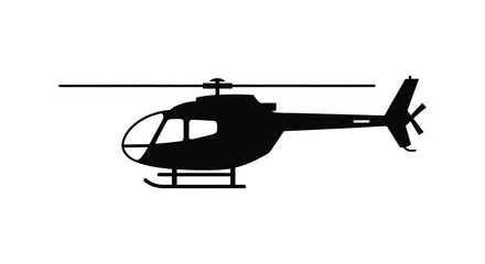 A stark black silhouette of a helicopter is displayed against a plain white background emphasizing its form silhouette