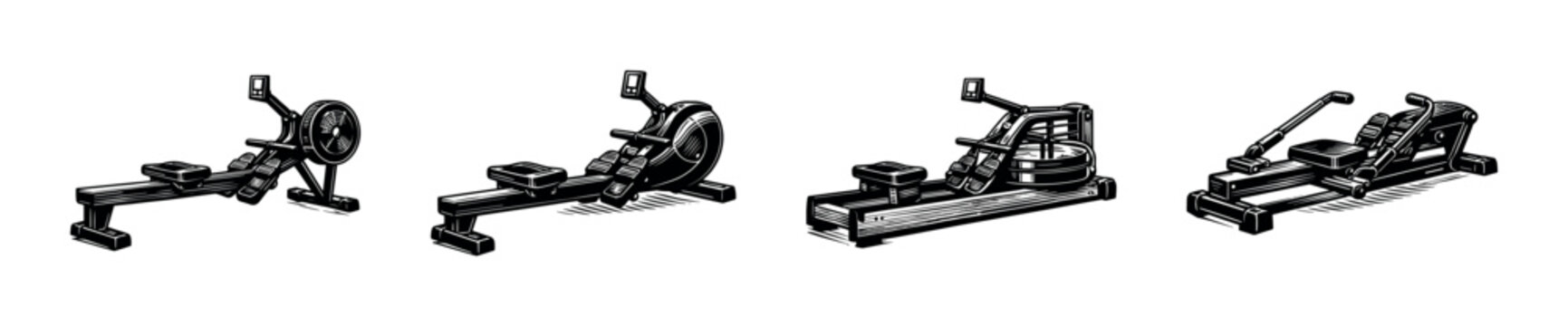 Rowing machine exercise flat vector icons set: fitness equipment silhouettes