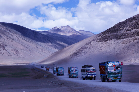 Trucks on the Manali-Leh highway, one of the world's highest altitude roads, Ladakh, India