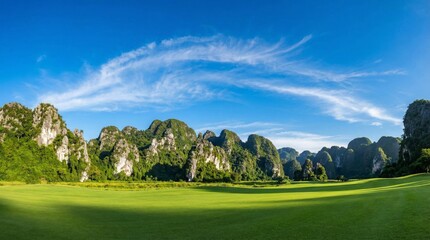 Lush Green Field with Limestone Karst Mountains and Blue Sky Scenic Nature Landscape