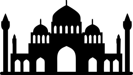 Silhouette of an ornate mosque with multiple domes and minarets Vector © leptop