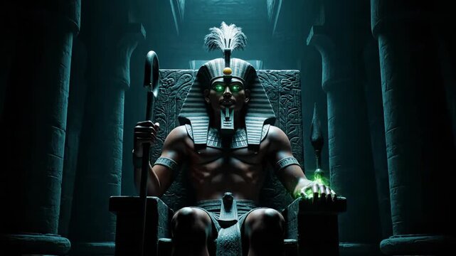 Ancient Egyptian god Osiris seated on grand dark stone throne in underworld with glowing green energy aura in mystical temple setting video footage
