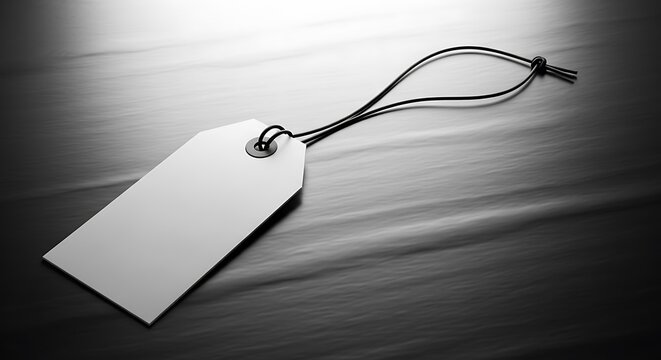 A blank white tag lies on a dark wooden surface with a black string tied through its hole.