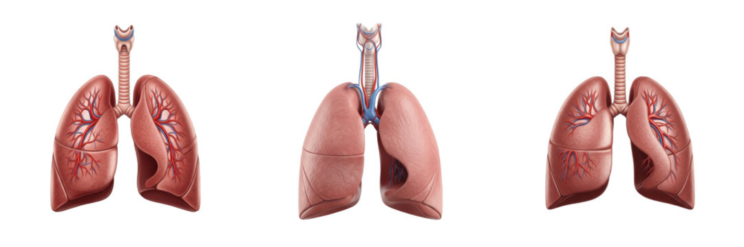 Human Lungs Anatomy Set, Realistic Respiratory System 3D Models Isolated on Transparent PNG