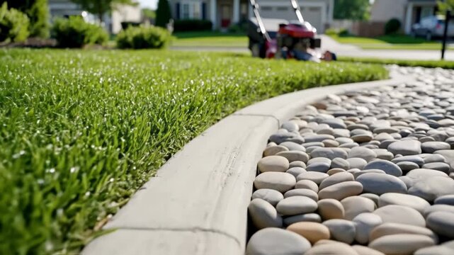 Wellmanicured lawn with stone pathway and edging