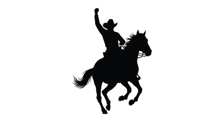 Obraz premium A dynamic depiction of a cowboy riding a rearing horse arms raised in triumph presented as a silhouette