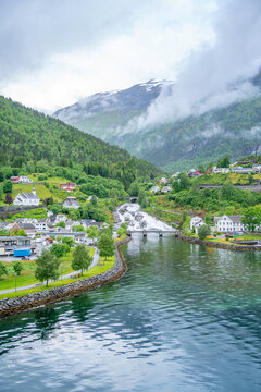 Aerial view of Hellesylt, Sunnylvsfjorden, Stranda Municipality, Norway, Scandinavia, Europe