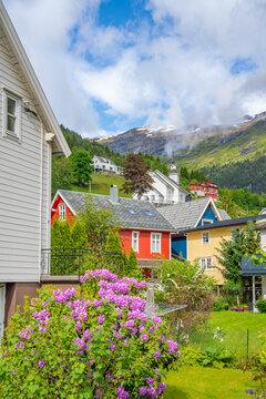 View of Sunnylven church and colourful houses in Hellesylt, Sunnylvsfjorden, Stranda Municipality, Norway, Scandinavia, Europe