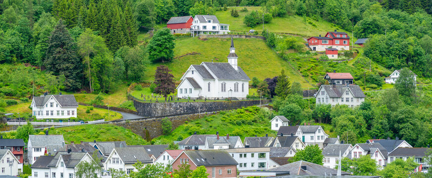 Aerial view of Sunnylven church in Hellesylt, Sunnylvsfjorden, Stranda Municipality, Norway, Scandinavia, Europe