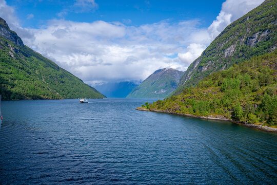 Aerial view of Sunnylvsfjorden from Hellesylt, Stranda Municipality, Norway, Scandinavia, Europe