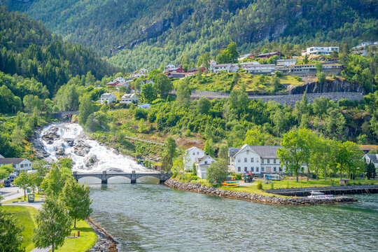 Aerial view of Hellesylt on a sunny day, Stranda Municipality, Norway, Scandinavia, Europe