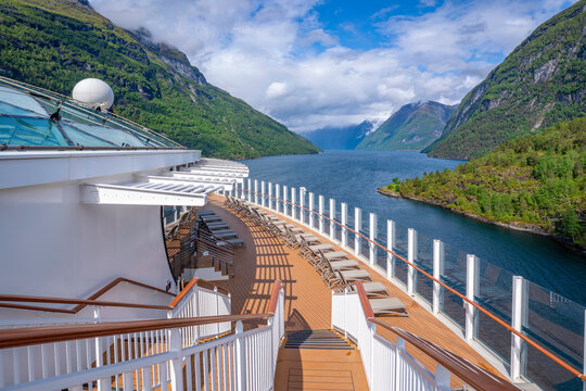 View of Sunnylvsfjorden from cruise ship in Hellesylt, Stranda Municipality, Norway, Scandinavia, Europe
