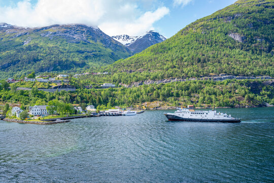 Aerial view of Hellesylt on a sunny day, Stranda Municipality, Norway, Scandinavia, Europe