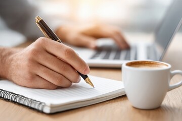 Close-up of a person writing in a notebook while working on a laptop, complemented by a cup of coffee, creating a cozy and productive work environment.