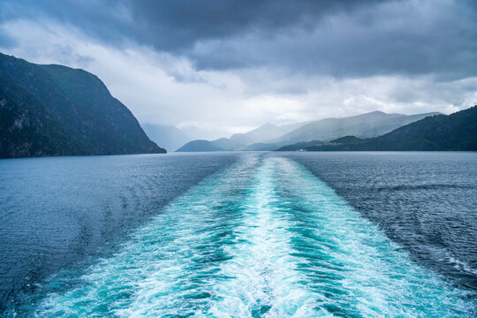 View of Sunnylvsfjorden from cruise ship on a cloudy day, Stranda Municipality, Norway, Scandinavia, Europe