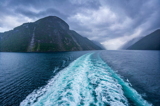 View of Sunnylvsfjorden from cruise ship on a cloudy day, Stranda Municipality, Norway, Scandinavia, Europe