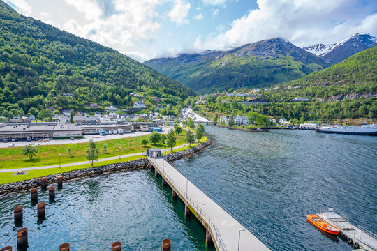 View of Hellesylt from cruise ship in Hellesylt, Stranda Municipality, Norway, Scandinavia, Europe
