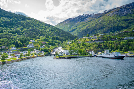Aerial view of Hellesylt on a sunny day, Stranda Municipality, Norway, Scandinavia, Europe