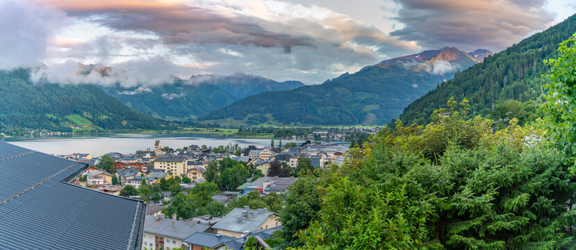 Elevated view of Zell am See and Lake Zell during golden hour, Zell am See, Salzburg, Austria, Europe