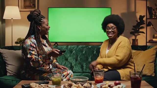 Green Screen women watching television with chroma girlfriends switching channels on tv remote controller sitting sofa together in living room spare time at home relaxing scene 1 distortion, overlay