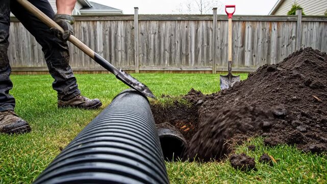 Worker digging trench with shovel and laying drainage pipe in backyard