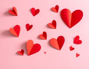 Collection of red and pink 3D heart shapes arranged on soft pink background. Romantic minimal composition perfect for Valentine&rsquo;s Day, love concept designs