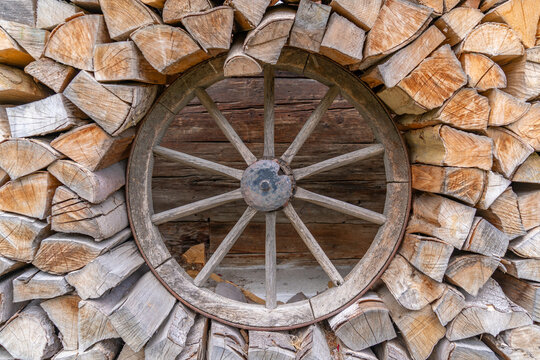 View of wooden wheel at the museum on a sunny day, Kaprun, Salzburg, Austria, Europe