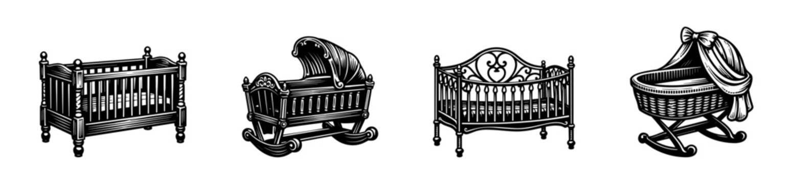 Baby cribs flat vector icons set. nursery furniture silhouettes. infant basses illustrations