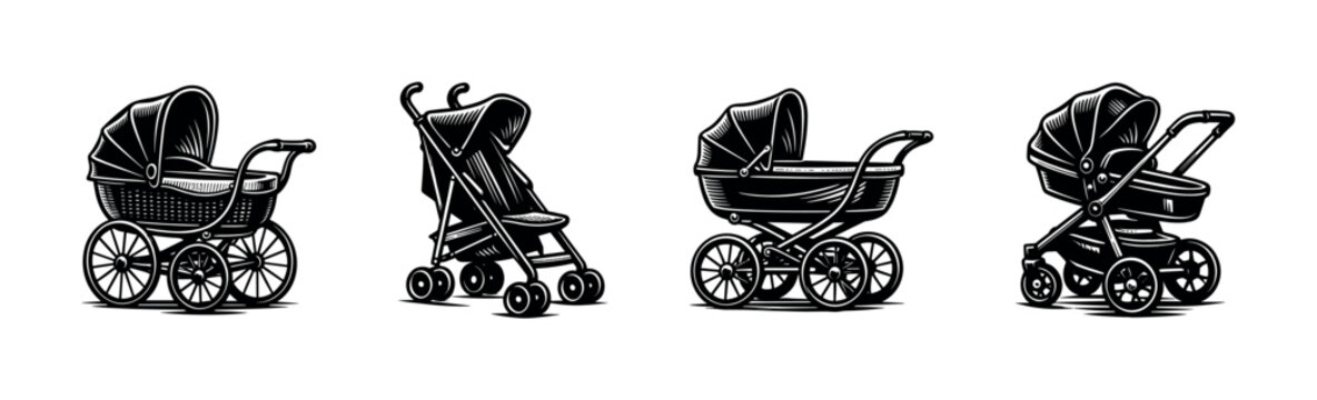 Baby strollers flat vector icons set: vintage prams and modern pushchairs collection