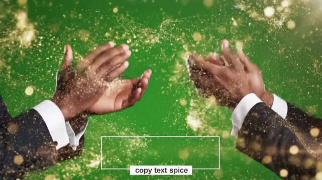Green Screen hands are clapping at background a applauding chroma key concept of victory and award copy text space scene 1 with distortion, overlay, glitch, static noise, scan lines on black